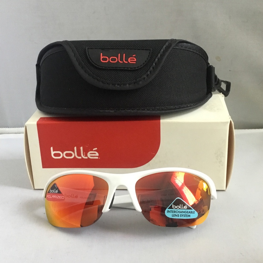 bolle White Frame Sunglasses with Red-Orange Mirrored Lenses